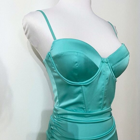 OH POLLY AQUA SATIN BUSTIER CINCHED MINI COCKTAIL DRESS 5723 BATCH A IN GREEN - Picture 4 of 9